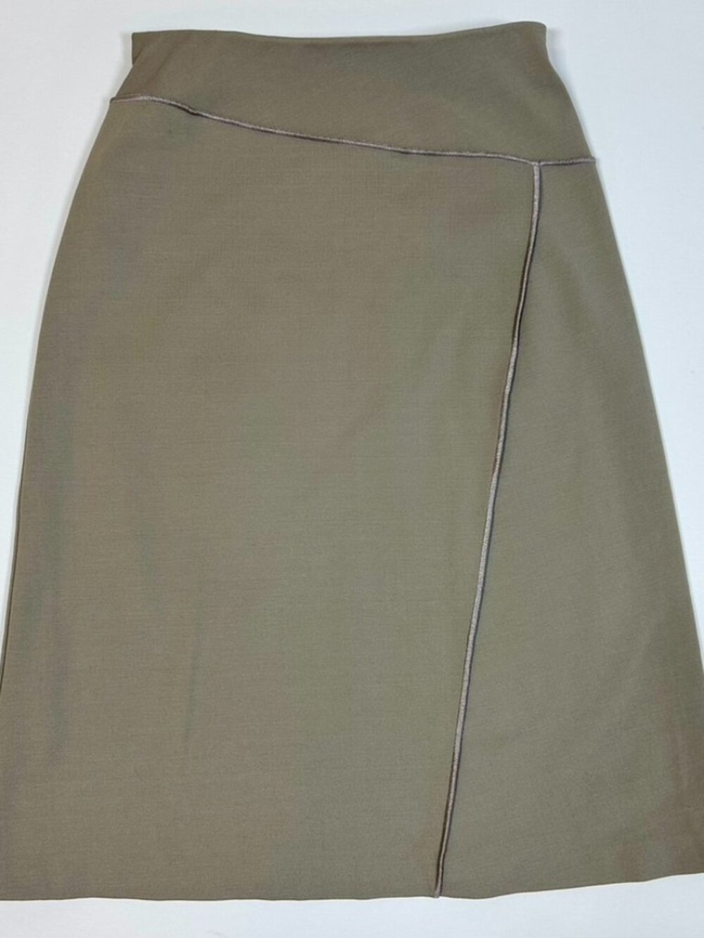 Wolford Taupe Stretch Midi Skirt US 4 EU 34 Asymmetrical Seam Viscose Jersey Min